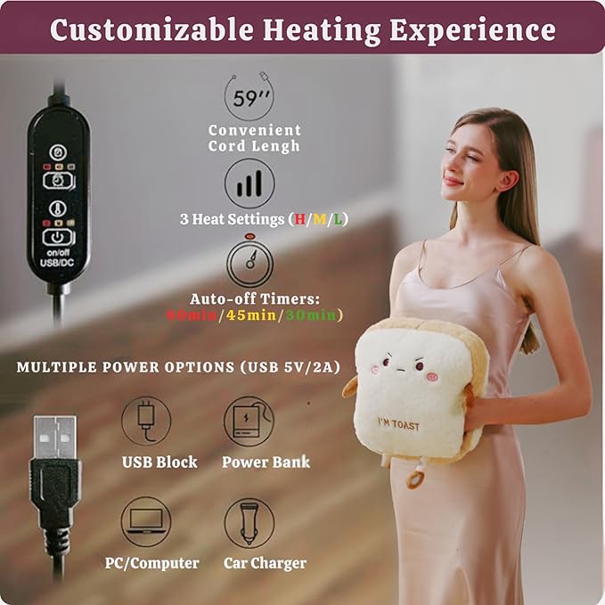 Cute Heating Pad for Period Cramps Menstrual Pain Relief, Soft Cuddly Large 14" Hot Plush Bread USB Electric Heat Pads, Back & Lumbar Pain Relief Stuffed Animals Funny Gifts for Women Teen Girls