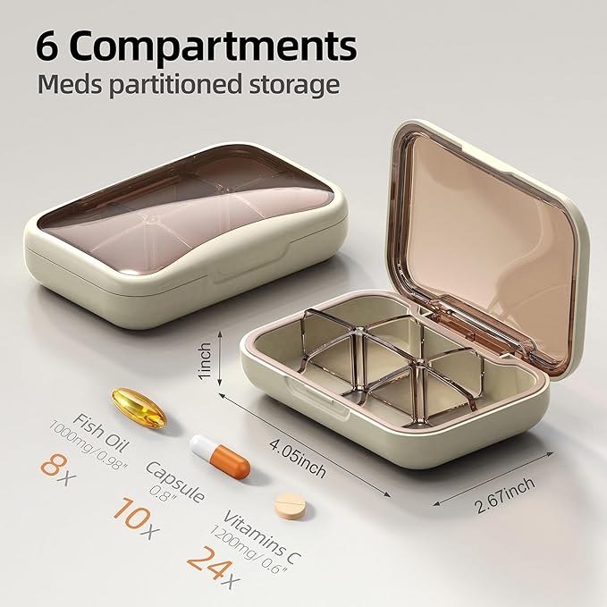 Portable Pill Box, Pill Organizer with 6 Compartments, Daily Medicine Pill Case, Pocket Size Pill Box for Travel, BPA Free Small Pill Container for Vitamins, Fish Oil, Supplements (White)