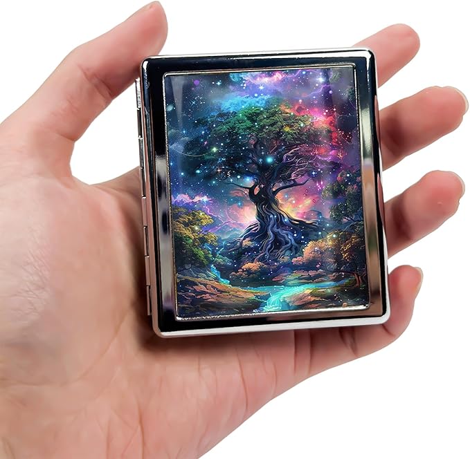 Cute Travel Pill Box Organizer with 8 Compartments - Compact and Fashionable Pill Case with Mirror - Ideal for Medications (Cosmic Tree)