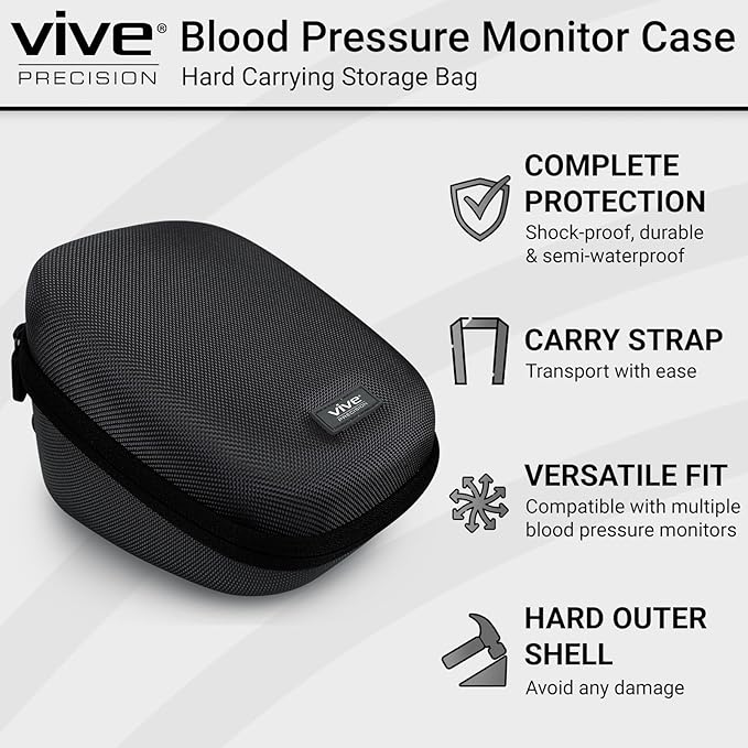 Vive Precision Blood Pressure Monitor Case - Hard Carrying Medical Travel Storage Bag - Universally Compatible Portable BPM Cuff, Health Accessories Pouch Replacement with Carrying Strap - Shockproof