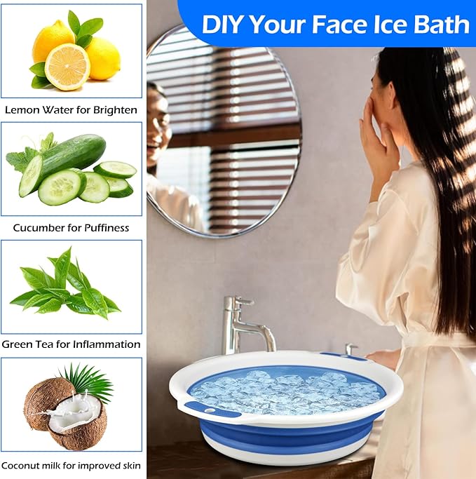 Facial Ice Bath Kit - Foldable Ice Bowl with Reusable Cubes for Cold Plunge (Blue)