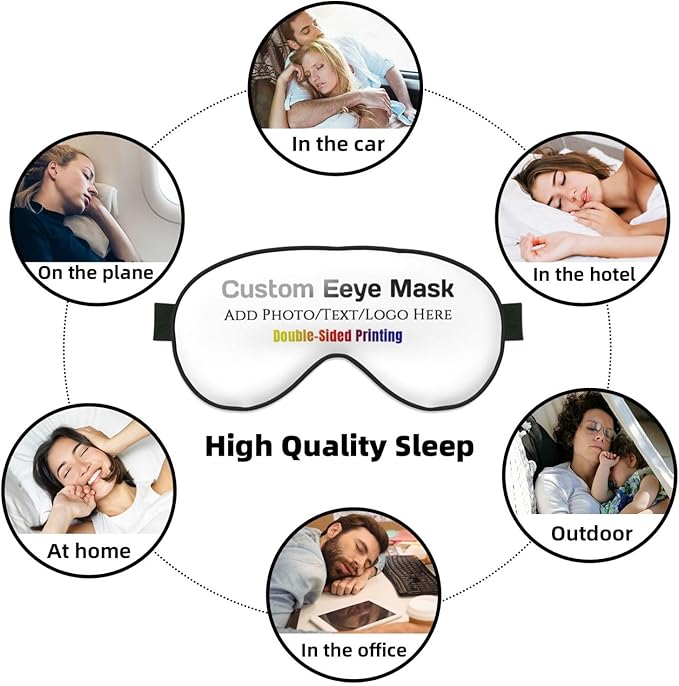 Custom Sleep Eye Mask Personalized Men Women Blindfold Design Your Own Photo Text Logo Adjustable Strap Soft Eyeshade Customized Blackout Eye Cover for Home Offices Travel White