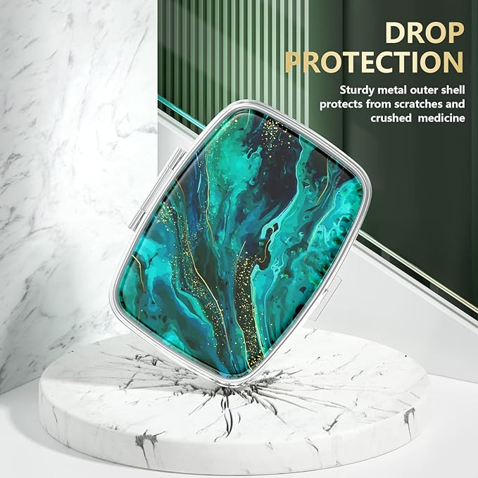 Nipichsha Pill Box, Small Pill Case for Purse & Pocket, Cute Travel Medicine Organizer, Portable Medicine Container Holder to Hold Vitamins, Medication, Fish Oil & Supplements, Ocean Marble
