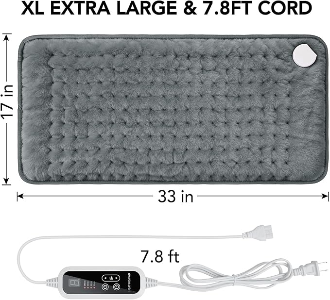 Extra Large Heating Pad for Back Pain Relief - 33"x17" Electric Heat Pad,6 Heat Settings &4 Auto Off, Machine Washable,Overheat Protection,for Shoulders,Neck,Period Cramps,Gifts for Women Men [Gray]