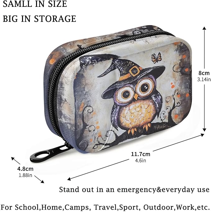 Fustylead Halloween Funny Cute Owl on Branch Travel Pill Case Bag with Zipper Weekly Pill Box 8 Compartments 7 Day Personal Pill Case Purse Medicine Case Organizer