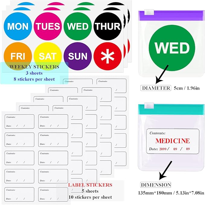 30 pcs Pill Pouch Bags, CNYMANY Zippered Reusable Medicine Bags with Slide Lock Travel Medicine Organizers Pill Baggies, with Weekly Sticker, Write-on Labels, Storage Bag
