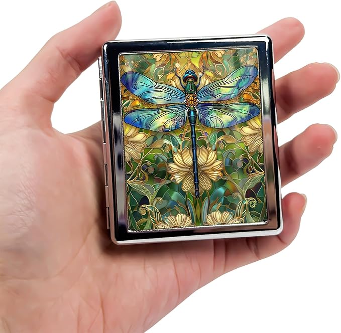 Cute Travel Pill Box Organizer with 8 Compartments - Compact and Fashionable Pill Case with Mirror - Ideal for Medications (Dragonfly Stained Glass)