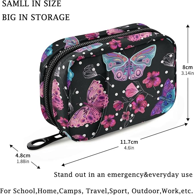Fustylead Pink Flowers and Butterflies Pill Organizer Travel Bag, Small Portable Pill Case Cute for Vitamin Fish Oil Supplements Medicine Organizer with Zipper
