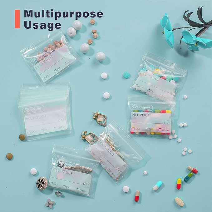 Serfeymi Pill Bags for Travel Pill Pouch Organizer Pack of 120 BPA Free 3 x 2.75 inch Reusable Pill Pouches for Medicine with Write on Label & Zipper Seal Waterproof AM PM Pill Baggies for Supplements