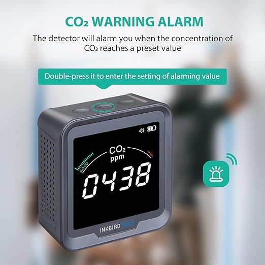 INKBIRDPLUS Ndir CO2 Detector Battery Powered | Digital CO2 Monitor with Alarm | Carbon Dioxide & Temperature & Humidity Air Quality Monitor Indoor | for Home, Office, RV, Grow Tent (PTH-9C)