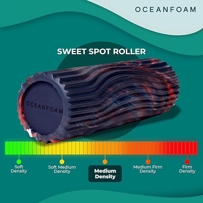 Oceanfoam Sweet Spot Medium Exercise Foam Roller 14"x5.5" – Medium Density Travel Foam Roller for Physical Therapy, Deep Tissue Massage, Yoga, Pilates, Wave Texture (Dark Navy, Red & Natural Marbled)