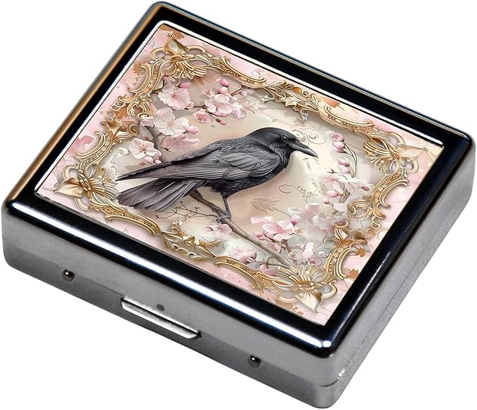 7 Day Travel Pill Organizer with Mirror Shiny Silver Chromed 8 Compartment Pill Box for Vitamins and Medications Compact and Stylish Medicine Case (The Bird)