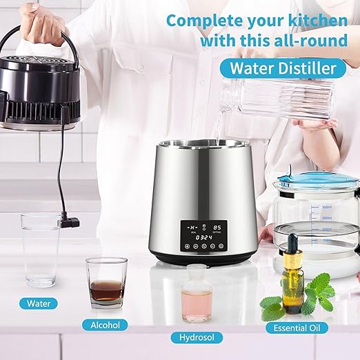 Water Distiller with Dual Temp Display and 0-99H Timer,1.1Gal 750W Distilled Water Maker for Alcohol and Essential Oils,Stainless Steel Countertop Distilled Water Machine