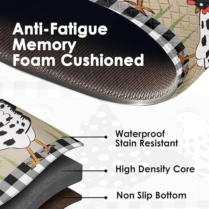 Anti-Fatigue Rooster Kitchen Rug Set of 2 Cushioned Chicken Rug for Floor, Farmhouse Standing Mat Waterproof Non-Slip Mat PVC Ergonomic Comfort Foam Kitchen Decor