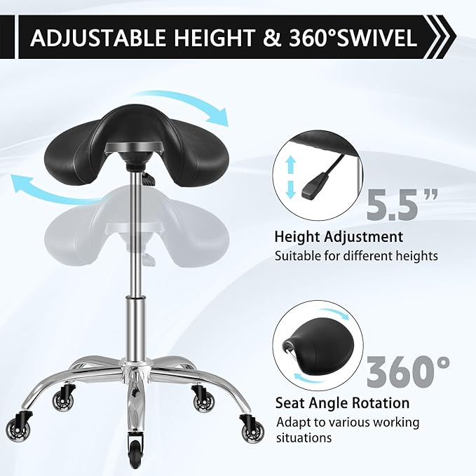 SALONFACTORY Saddle Stool with Wheels 300 lbs Weight Capacity, Heavy Duty Rolling Stool for Medical Massage Salon Kitchen Spa Drafting Nail-Tech,Height Adjustable,360 Swivel,Wide Thick Seat Padding