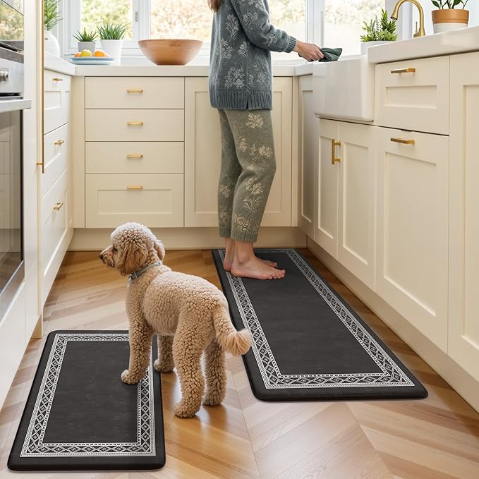 KIMODE Anti Fatigue Kitchen Mats 17"x47"+17"x29", Farmhouse Kitchen Rugs Sets of 2, Cushioned Non Skid Kitchen Mats for Floor, Comfort Kitchen Floor Mats for Sink Laundry Desk Black