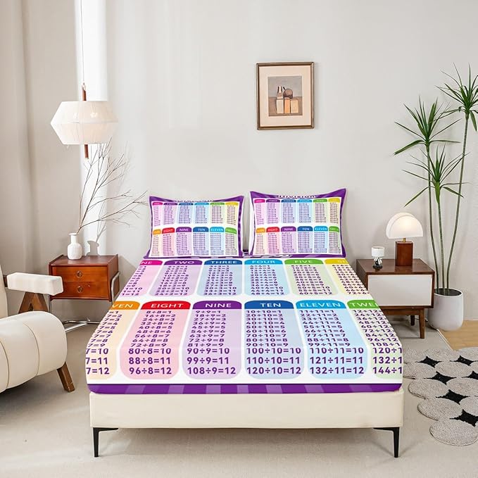 Feelyou Kids Educational Fitted Sheet Full Size, Division Bedding Set MathLearning Bed Sheet Set Boys Girls Preschool Teens Bedroom Decor (2 Pillow Cases and a Fitted Sheet)