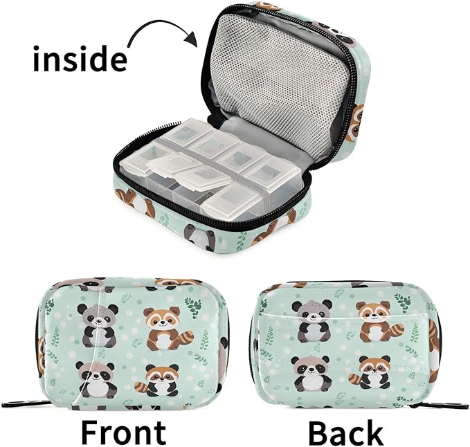 Fustylead Cute Koala Red Panda and Raccoon Travel Pill Case Bag with Zipper Weekly Pill Box 8 Compartments 7 Day Personal Pill Case Purse Medicine Case Organizer