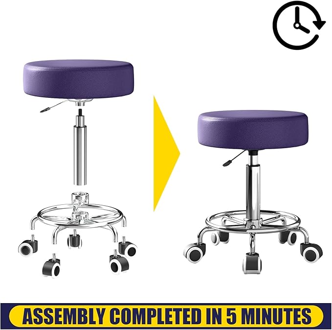 Rolling Stool, Heavy Weight Capacity 250lb, PU Leather Rolling stools, Ultra Soft Padded Seat, Rolling Stools with Wheels and Footrest, 360° Swivel, Spa Drawing Salon Work Office Tattoo Stool (Purple)