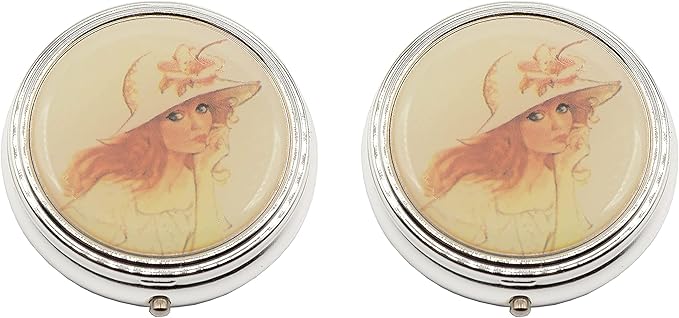 Set of 2 Circular Triple-Compartment Pocket Purse Pill Box & Organizer with Insert (Victorian Hat)