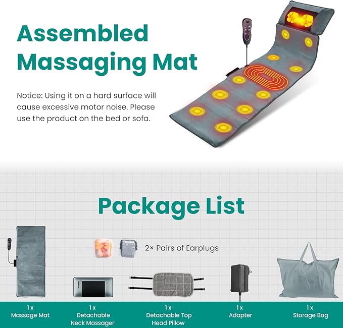 Full Body Massage Mat with Heat, Multifunctional Massage PadNeck Back Massager Full Body Relaxation Seat Chair Pad with 10 Vibration Motors Timer for Indoor Bed Sofa Chair, Anti-Slip Bottom