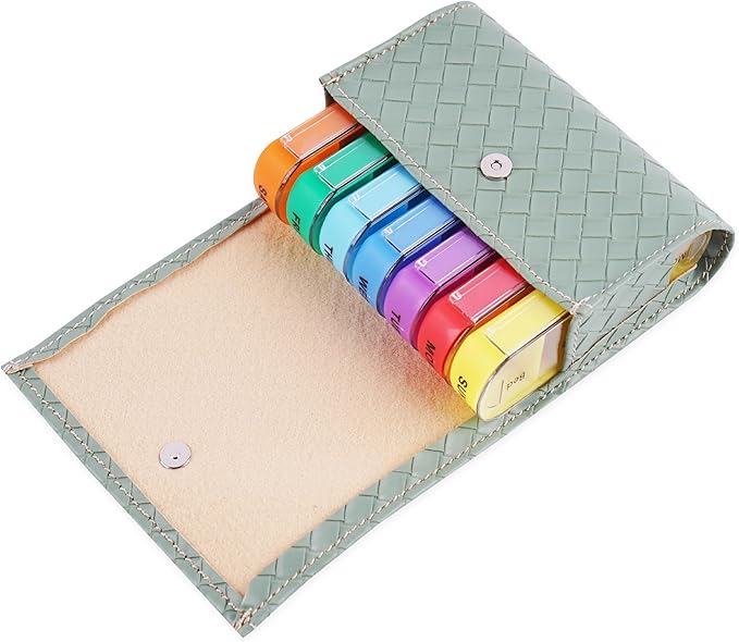 Pill Organizer,LIZIMANDU Weekly Travel Pill Case Box Medication Reminder Daily AM PM, Day Night 7 Compartments,for 4 Times A Day, 7 Days a Week-Includes Leather PU Carrying Case(1-Weave Green2)
