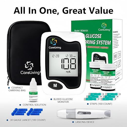 BGM101 Blood Glucose Monitor Kit, 100 Test Strips, 100 Lancets, 1 Blood Glucose Meter, 1 Lancing Device, Diabetes Testing Kit, Portable Blood Sugar Test Kit, Glucometer Kit for Home, black