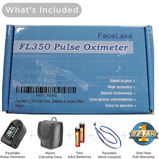 FL-350 Pulse Oximeter with Carrying Case & Batteries & Lanyard, Black