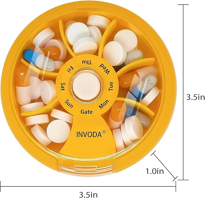 INVODA Weekly Pill Organizer with 77 Pre-Cut Medication Labels – 7 Compartment Rotating Medicine Box Daily Pill Case for Vitamins, Fish Oil & Prescriptions – BPA-Free Plastic – Compact Travel Size