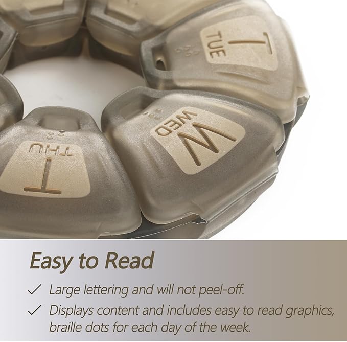 Round Weekly Pill Organizer, Non-Slip Silicone, Travel Pill Container 7 Day, with 7 Large Compartments, Great for Daily Vitamins & Supplements, Cute Pill Case with Large Letters and Braille (Grey)