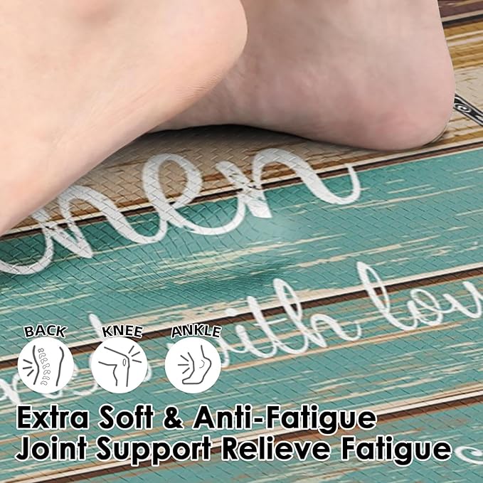 Arttown Teal Farmhouse Anti-Fatigue Kitchen Rug Set of 2 Brown Knife Fork Rustic Vintage Cushioned Floor Standing Mat Waterproof Non-Slip Kitchen Mat and PVC Ergonomic Comfort Foam Rug
