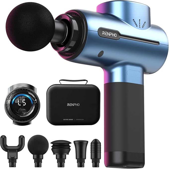 RENPHO Active Massage Gun, Deep Tissue Percussion Massager for Back and Neck, Portable Handheld Massager with 5 Speeds, 5 Attachments, Carry Case, Blue