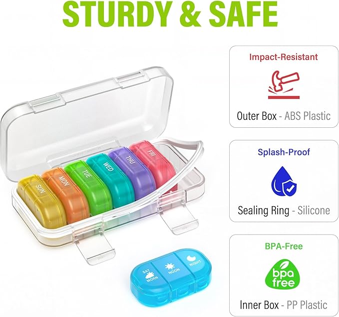 Vikie Weekly Pill Organizer 3 Times a Day with Morn NOON Night Sections, BPA-Free, Portable & Moisture-Proof for Pills, Vitamins, Supplements (3x7 Transparent + Rainbow)