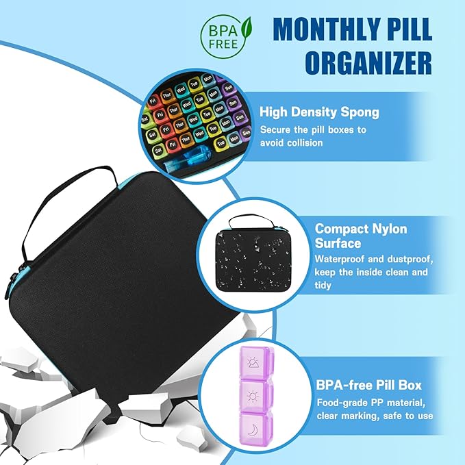 Monthly Medicine Pill Organizer 3 Times a Day, Travel Pill Box with Labels and Pill Cutter, Medication Organizer with 31-Day Compartments, Portable Vitamin Holder Storage Case with Hard Shell