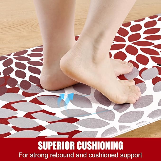 Likiyol Kitchen Rugs Boho Floral Kitchen Mats for Floor Flower Anti Fatigue Mats for Kitchen Floor Cushioned Non Slip Washable Kitchen Mat for Home, Sink, 18''x30''+18''x48'', (Red)