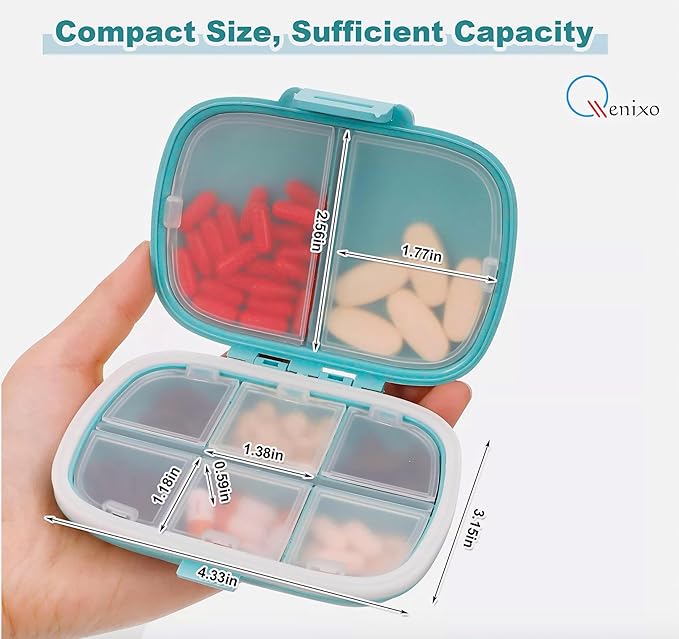 Qenixo® Travel Pill Organizer 8 Compartments Portable Pill Box Small Daily Pill Case Medicine Vitamin Container for Pocket Purse 8 Compartments Portable Pill Case Hold Vitamins, Cod Liver Oil