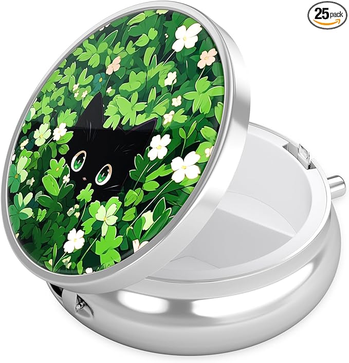 Nipichsha Pill Box, Small Pill Case for Purse & Pocket, Cute Travel Medicine Organizer, Portable Medicine Container Holder to Hold Vitamins, Medication, Fish Oil & Supplement, Green Leave Cat