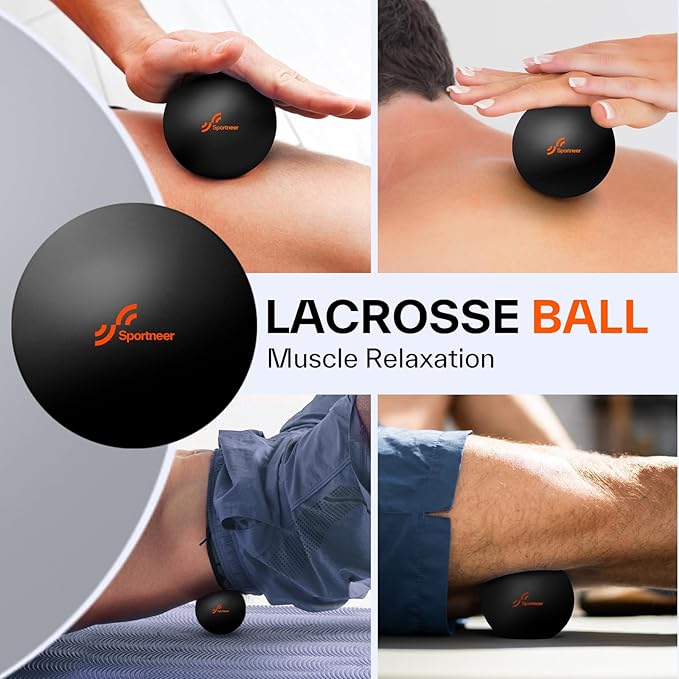 Sportneer 4 in 1 Foam Set, Muscle Relax Kit with 2 Textured Foam Pilates Rollers, Stringed Exercise Ball, Lacrosse Ball for Muscle Shoulder Back Leg Whole Body Relax Fitness Yoga