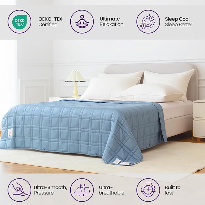 Weighted Blanket for Adults (15 lbs, 48”x72”, Blue) Twin Size. 100% 300TC Viscose, Derived from Bamboo-Premium 7 Layer Cooling Weighted Blankets. Breathable Blanket with travel bag & Machine Washable