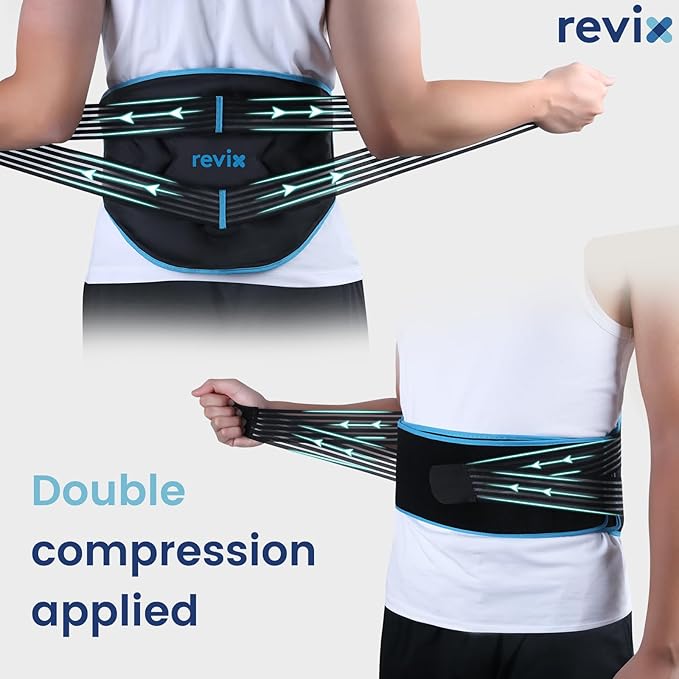 REVIX Compression Ice Pack for Back, Reusable Lower Back Ice Pack with Dual Support Belts, Wearable Snug-Fit Cold Therapy Lumbar Brace for Lower Back, Sciatic Nerve, Muscle Relaxation