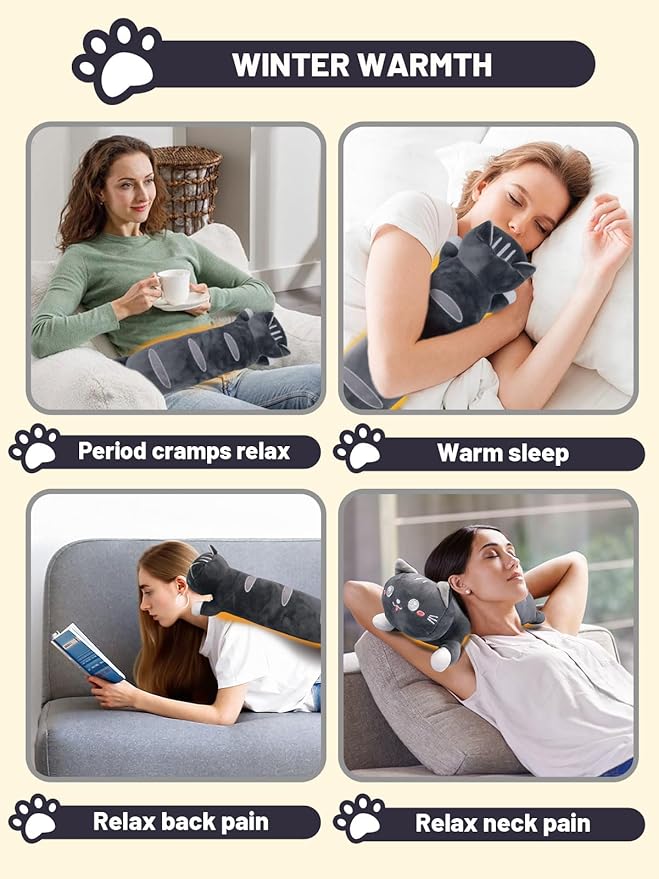 20" Grey Cat Heating Pad for Period Cramps USB Portable Electric 5 Heat Settings 5 Timer Modes Auto Shut Off Plush Stuffed Animal Warmer for Neck Back Pain Relax for Women Kids