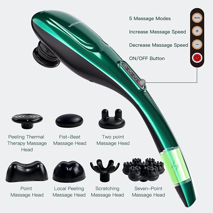 MEGAWISE Handheld Back Massager w/Rechargeable 3200mAh Battery, 5 Speed and 5 +2 Massage Nodes with Hard (Dark Green)
