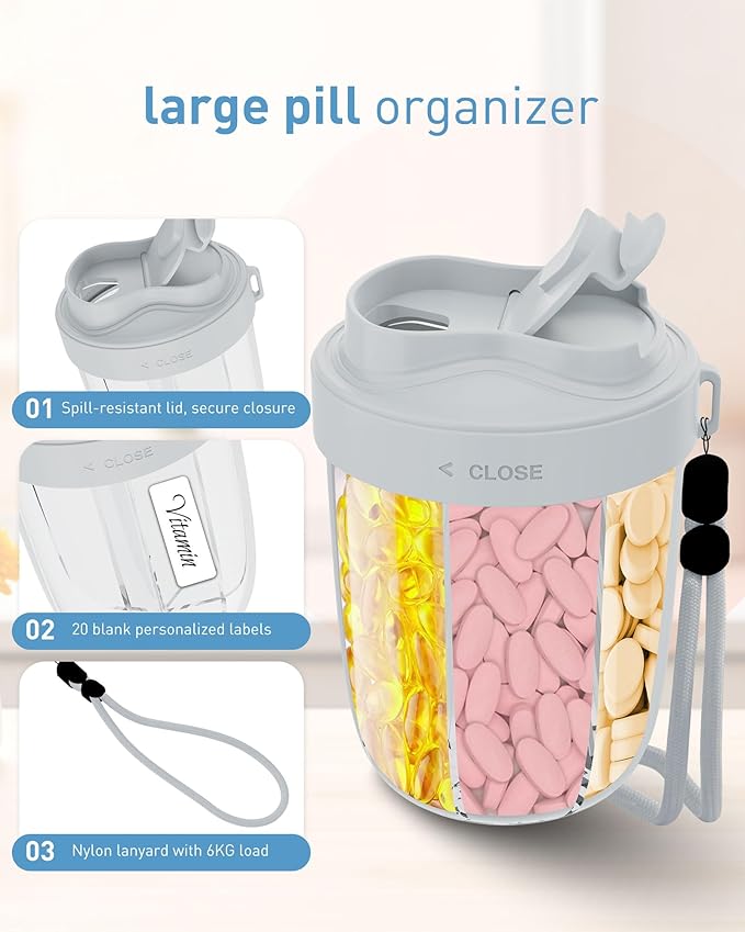 Large Pill Organizer with 7 Compartments，Anti-Mix Pill Box,with Wide Openings Design，Easy to Use，Includes 20 Pcs Labels,BPA-Free Pill Dispenser（Pink&Gray）