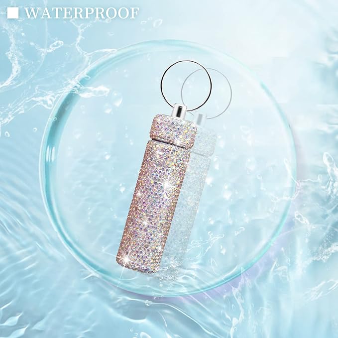 Yuchew Bling Pill Case Pill Container Rhinestone Pill Box Portable Waterproof Pocket Pill Holder Bottle Storage with Keychain for Travel, Outdoor, Camping (AB Color)