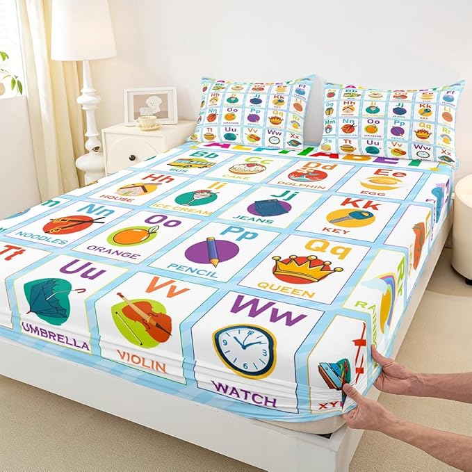ABC Alphabet Fitted Sheet Queen Size, Kids Toddler Learning Time Bed Sheet Set Educational Learning Bed Cover Lightweight