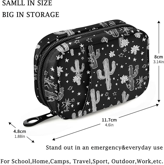 Fustylead Black and White Western Cactus Themed Pill Organizer for Purse, Weekly Portable Pill Box with Zipper to Storage Vitamins Fish Oils Medications Supplements