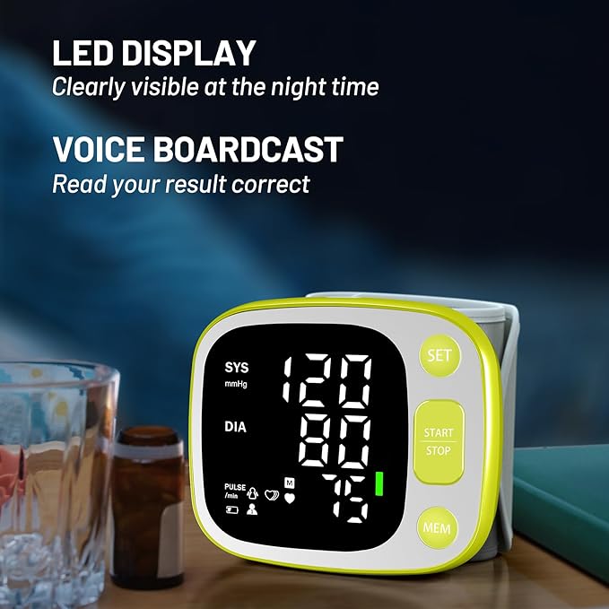 Oklar Blood Pressure Monitors for Home Use Rechargeable Wrist Digital BP Machine Cuff with LED Backlit Display, Voice Broadcast, 240 Memory Storage for 2 Users with Carrying Case, Green