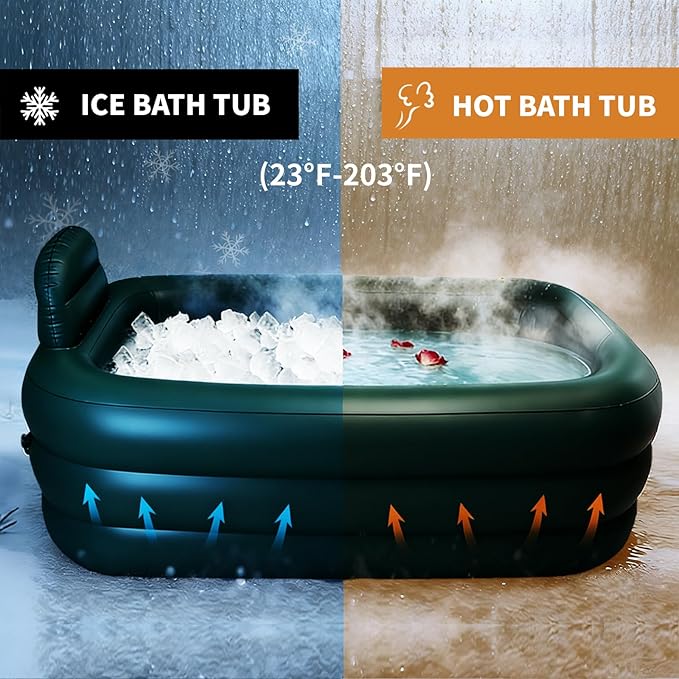 Portable Bathtub for adults with Cover,Inflatable bath tub for ice bath,Large Oval Ice Bath with pillow, 62.2x37.4x17.72in,Includes Pump, EasyInflate & Drain,Green