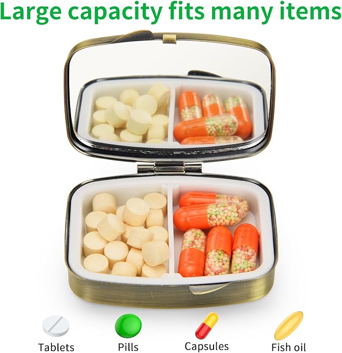 Small Pill Case,(2 Pack) 2 Compartment Pill Box with Mirror Portable Pill Box for Purse, Mini Pill Container Medicine Case for Vitamin, Cod Liver Oil, Supplement (Silver, Bronze)