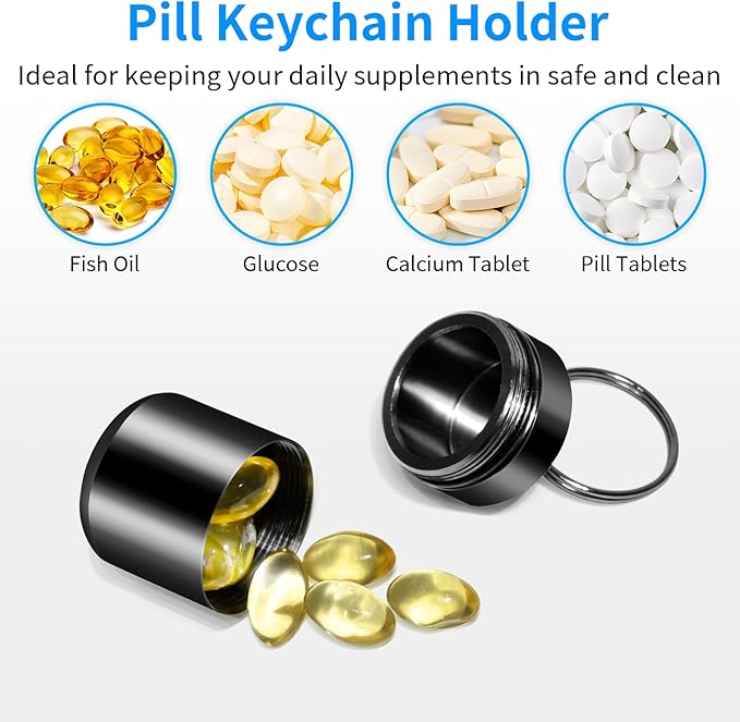 Pill Keychain Holder - Small Pill Box Waterproof Pills Fob Organizer Portable Ring Holder Keychain for Purse (Black 2PCS)
